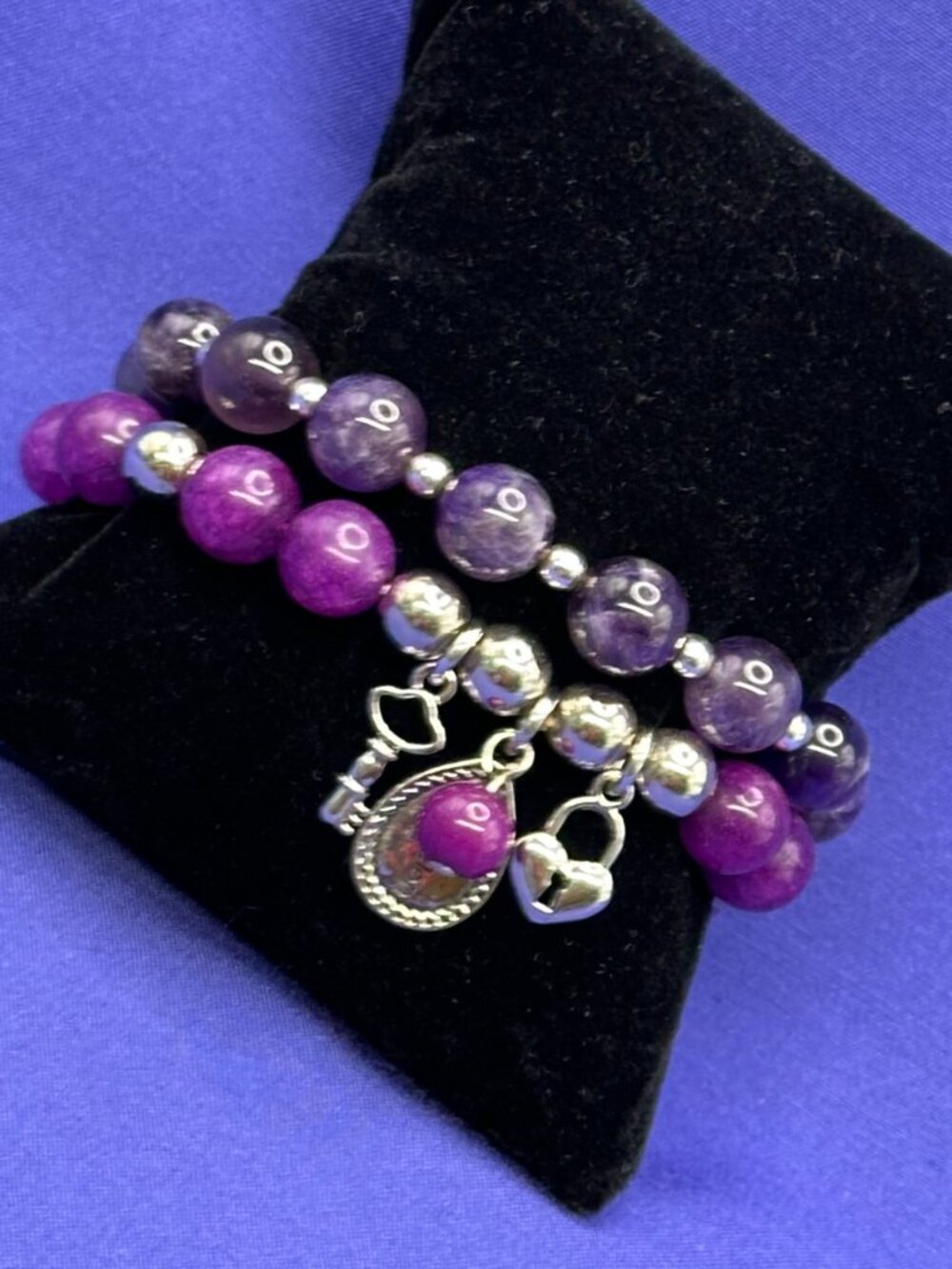 2 Bracelets:  Amethyst & Red Natural Stone Beads Stretch Bracelets